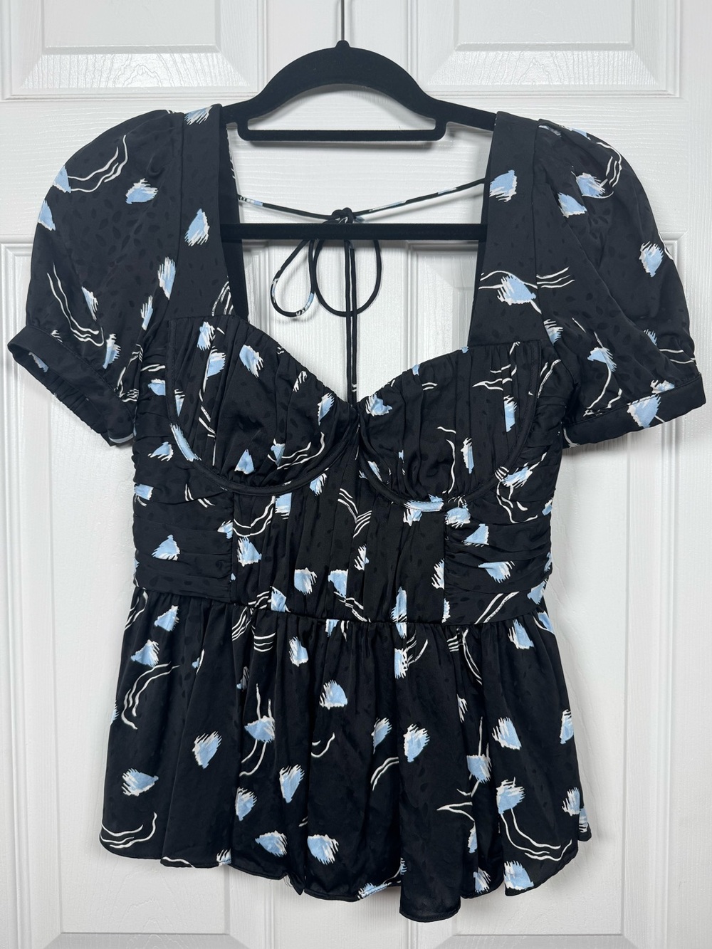 Self-Portrait Abstract Geo Print Underwire Puff Sleeve Peplum Top US 2